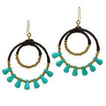 Boho Chic Double Circle Turquoise &amp; Brass Beaded Dangle Earrings - £8.25 GBP