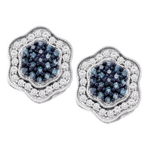 10k White Gold Womens Round Blue Color Enhanced Diamond Hexagon Cluster Earrings - £449.59 GBP