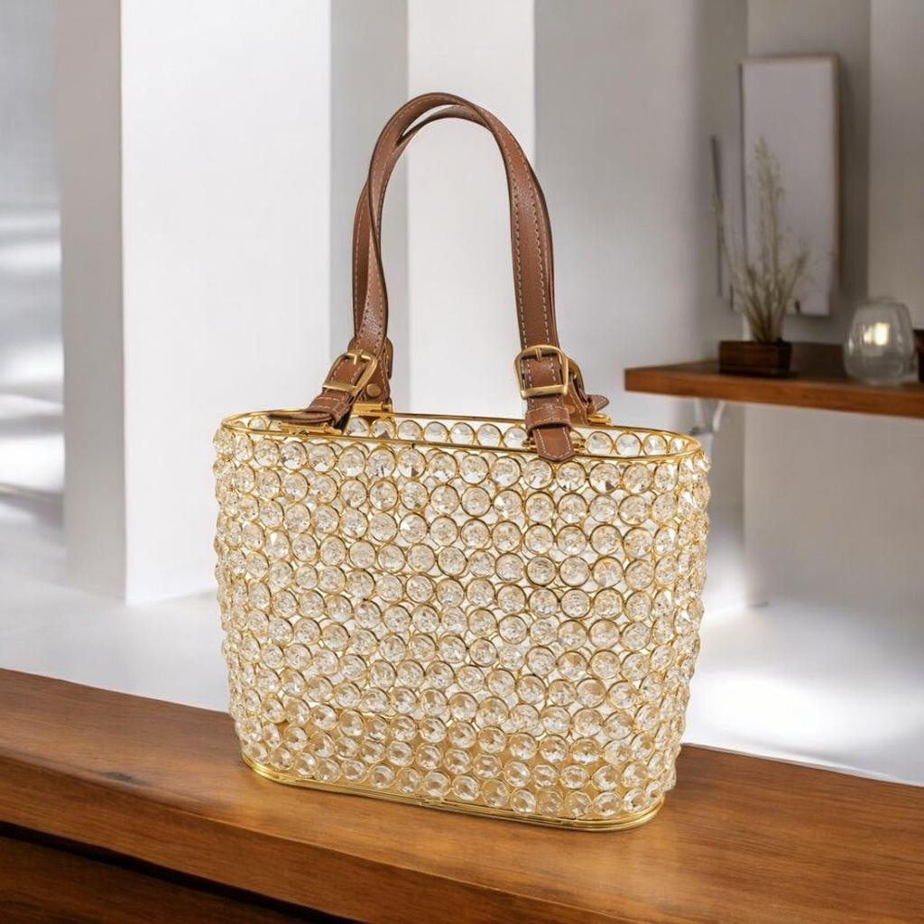 11&quot; Clear And Gold Faux Crystal And Metal Handbag Shaped Magazine Holder - $155.52