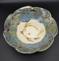 Hand Thrown Studio Art Pottery Bowl, Green/ Purple Glaze With Fish -Signed - $872.95 MXN