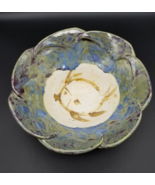 Hand Thrown Studio Art Pottery Bowl, Green/ Purple Glaze With Fish -Signed - $47.37