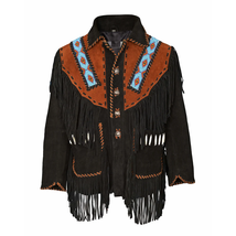 Mens Western Cowboy Black Suede Leather Fringe Bones Beaded Jacket CBJ101 - £125.04 GBP