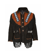 Mens Western Cowboy Black Suede Leather Fringe Bones Beaded Jacket CBJ101 - £125.62 GBP