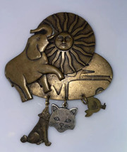Vintage Susan L Richardson 1994 Elephant Pin Brooch w/Wolf, Cat, Bird Ac... - $48.99