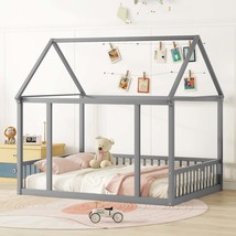 Full Size Gray Wooden Floor House Bed with Guardrails - Kids&#39; Room - $124.99