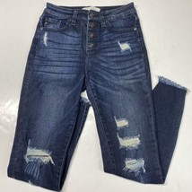 Kancan Skinny Ankle Sz 5/26 Stretch Denim Jeans Button Fly Dark Ripped Holes - £12.57 GBP