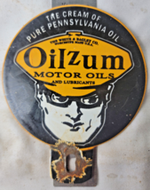 VINTAGE 5&quot; OILZUM Motor Oils PORCELAIN SIGN PUMP PLATE Topper GAS STATIO... - $49.45