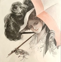 Beautiful Victorian Woman Umbrella 1909 Fashion Lithograph Fisher Art Print HM1D - £17.60 GBP