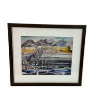 Moody Artwork Bridge Over Water Man on Pier Clouds Framed Matted Signed Asian - £25.66 GBP