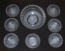 8 Pc Clear Glass Fruit/Salad Bowl Set Diamond Pattern w/Frosted Center Flower - £15.48 GBP