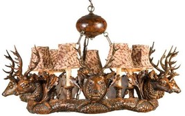 Chandelier Lodge 7 Small Stag Head Deer 7-Light Feather Pattern Shades Cast - £3,116.68 GBP