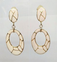 3&quot; Vintage 90s Cream Enamel Gold-Tone Clip On Dangle Fashion Earrings Oval - $14.50