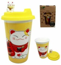 (Yellow) Lucky Cat Maneki Neko Ceramic Tall Drink Mug Cup With Lid 7&quot;H Decor - £14.37 GBP