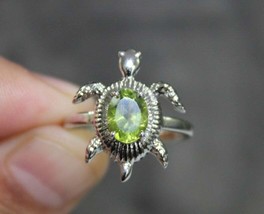 Sterling Silver Turtle 6x8 mm Oval Peridot Turtle Ring Luck Ring Birthstone Ring - £38.93 GBP
