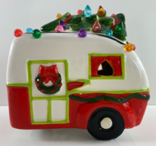 Ceramic 4.5 in Red Lighted Camper Caravan Travel Trailer w/Tree on Top T... - $39.59