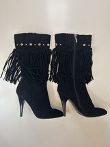 Womens Guess Boots Size 10M Black Suede Fringe Mid Calf Heels Leather Upper - £18.67 GBP
