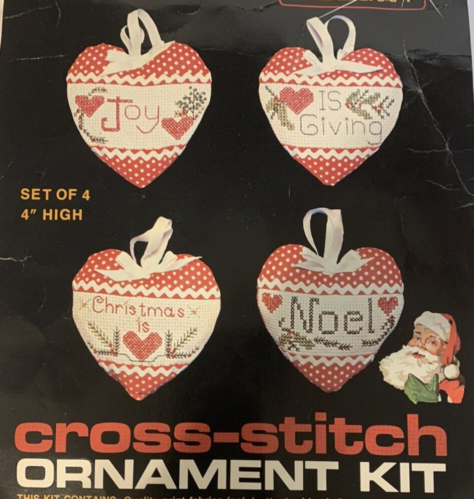 Cross Stitch Christmas Ornament Kit 4 Red Polka Dot Heart Ric Rac Titan OPEN pkg - $23.24