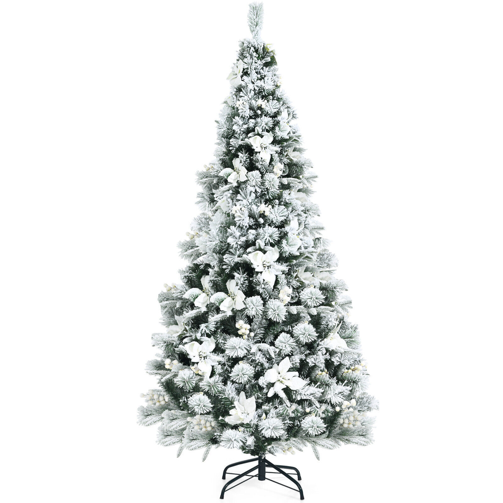Primary image for Costway 6ft Snow Flocked Hinged Christmas Tree w/ Berries & Poinsettia Flowers