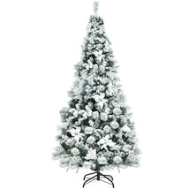 Costway 6ft Snow Flocked Hinged Christmas Tree w/ Berries &amp; Poinsettia F... - £102.20 GBP