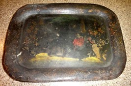 Antique Hand Wrought Folk Art Tray Theorem Tole Old Painted Bent Edges - £38.13 GBP