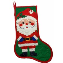 Santa Claus Christmas Stocking Quilted Holiday Decor Red Green 16 Inch Long - £11.93 GBP