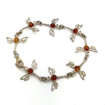 Vtg Sterling Signed 925 Rare Design Amber Stone Dragonfly Link Bracelet sz 6 1/2 - £46.69 GBP