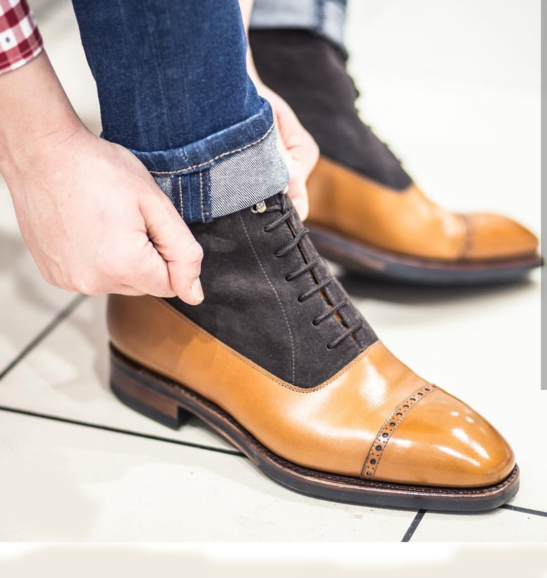 NEW Handmade Men's New Tan Black Cap Toe boot, Men's Lace Up Leather Suede Boot