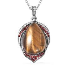 Tiger&#39;s Eye, Multi-Color Austrian Crystal Pendant Necklace 20&quot;- Stainless Steel - £11.85 GBP