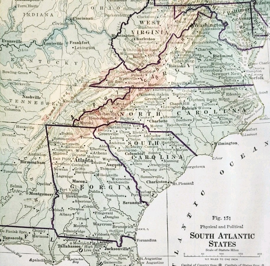 1916 Map South Atlantic States Physical Political Virginia NC SC GA FLA ... - $19.99