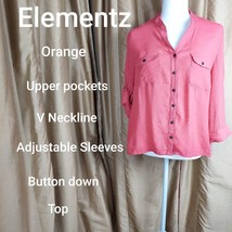 Elementz Orange V Neckline Adjustable Sleeves Button Down Top Size PL - £9.50 GBP