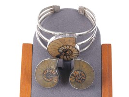 Retro AIS Southwestern Sterling silver Sea fossil cuff bracelet and earrings - £146.06 GBP