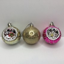 Vintage Set 3 Indented Mercury Glass Ornament 3&quot; Gold Pink Silver Flower Glitter - £31.26 GBP