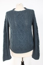 Vtg 90s Anne Klein M Blue/Green Fuzzy Alpaca Cable-Knit Sweater Pocket - £29.87 GBP