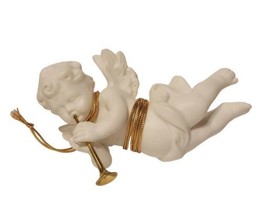 Vtg DEPT 56 White Porcelain 7.5&quot; Cherub Angel Brass Horn Figurine Orname... - £19.73 GBP
