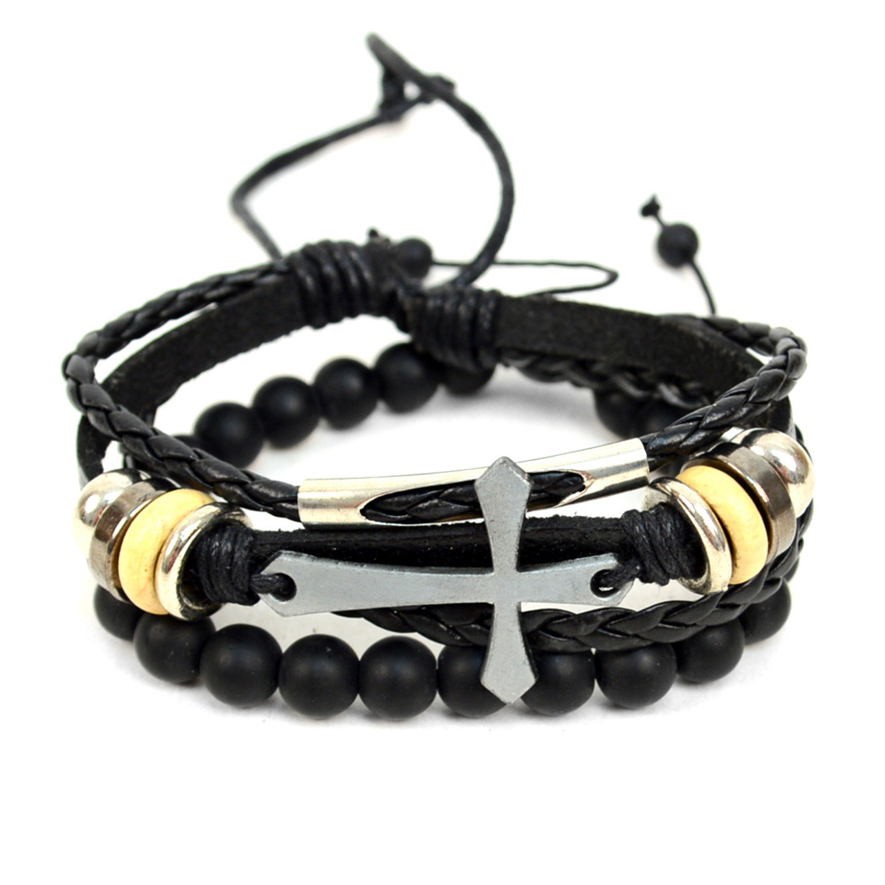 Genuine Leather & Natural Stone " Cross " Two Pieces Bracelet Set for Men -