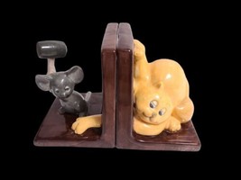 Vintage Hand Painted Ceramic Bisque Playful Kitty Cat &amp; Mouse Bookends - £11.90 GBP