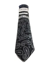 Zenio Men&#39;s Slim Tie with Two Hankies Set Black Silver Gray Paisley Microfiber - £15.97 GBP