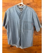 BUGLE BOY Gold Crest Men&#39;s Blue Denim Band Collar Button Shirt - L Vintage - $21.75