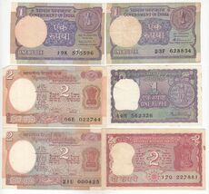 India, 1, 2  Rupees Set of 6,  All Different Sign Old Issues Banknote - $9.58