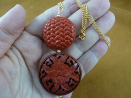 J27-9 Red CINNABAR carved wood lacquer bead jewelry 18&quot; Pendant gold necklace - £20.16 GBP