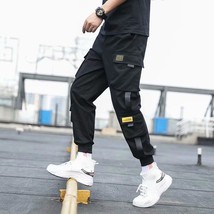 Men&#39;s Side Pockets Cargo Harem Pants 2021 Ribbons Black Hip Hop Casual Male Jogg - £17.58 GBP+