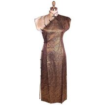 Vtg 50s Rayon Cheongsam Qipao Wiggle Dress Gold Black Silver Brocade Fit... - $158.35