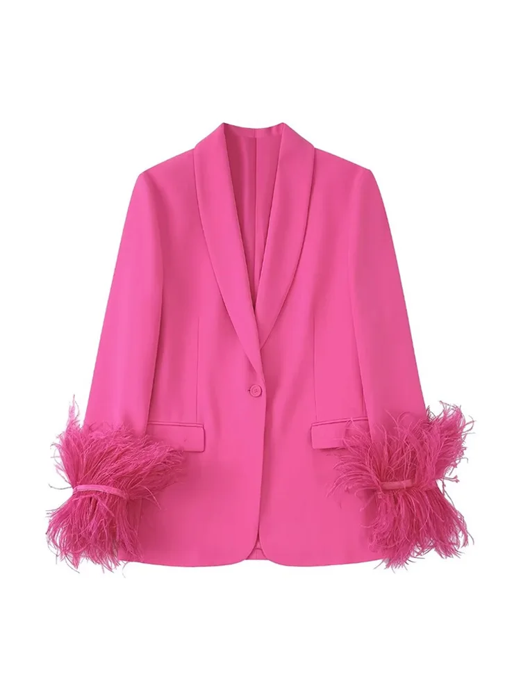 Zevity Women  With Feathers Straight Blazer Coat Vintage Long Sleeve Flap Pocket - £119.43 GBP