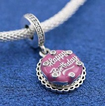Mother&#39;s Day Release 925 Sterling Silver Pink Birthday Cake Dangle Charm  - £14.51 GBP