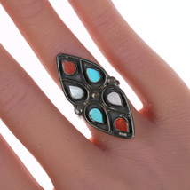 sz5.5 Vintage Zuni Patriotic Silver Coral, turquoise, and shell ring - £112.64 GBP