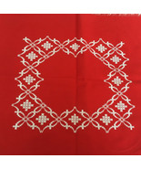 Vintage table dresser scarf scarve red fabric white hand embroidered hol... - $26.99 CAD