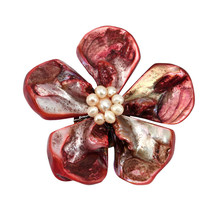 Colorful Ocean Flower Red Dyed Seashells and White Pearls Brooch Pin - £11.77 GBP