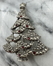 Christmas Tree Pin Brooch Red Rhinestone Silver Tone Avon Vintage - $23.75