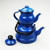 LaModaHome Retro Enamel Turkish Double Tea Pot, Vintage Copper Ceramic Blue Kett - £74.34 GBP