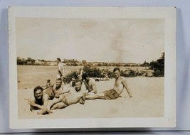 WWII Soldiers Shirtless Posing on Beach Snapshot Photograph A172 - £13.25 GBP